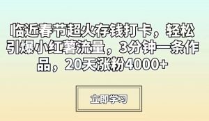 临近春节超火存钱打卡，轻松引爆小红薯流量，3分钟一条作品，20天涨粉4000+【揭秘】-网创学习资源