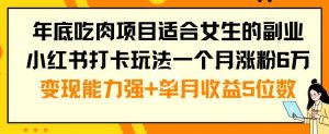 年底吃肉项目适合女生的副业小红书打卡玩法一个月涨粉6万+变现能力强+单月收益5位数【揭秘】-网创学习资源