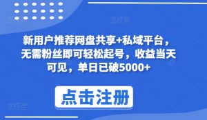 新用户推荐网盘共享+私域平台，无需粉丝即可轻松起号，收益当天可见，单日已破5000+【揭秘】-网创学习资源