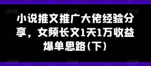 小说推文推广大佬经验分享，女频长文1天1万收益爆单思路(下)-网创学习资源